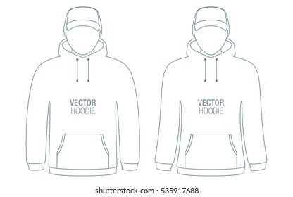 White vector apparel outlines, isolated on background. Man and woman models, dressed in a hoodies and caps.