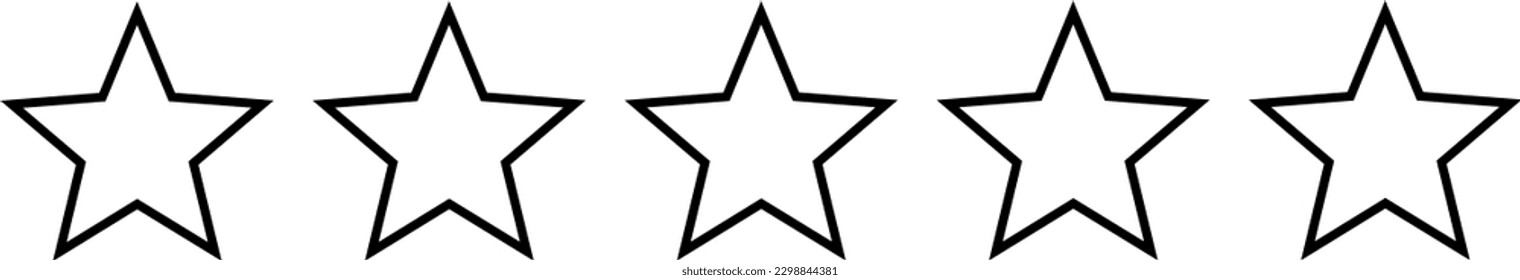 White vector art icon drawing - five star lined rating system with black border stroke illustration on white background. For satisfactory business and service review.