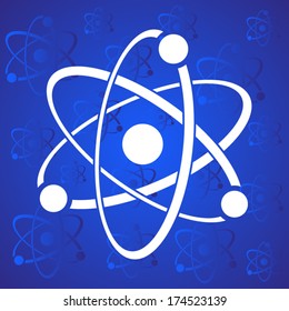 White vector atom icon on blue stylized background