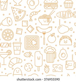 White vector background with beige line icons of  restaurant and fast  food like coffee, pizza, eggs, beer, wafer, burger  and ice cream. Seamless pattern.