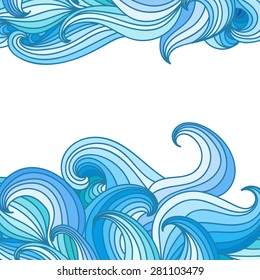 White vector background with blue hand drawn curly doodle waves in the top and bottom, with place for text.