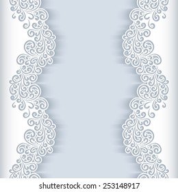 White vector background with floral cutout paper swirls, greeting card or wedding invitation template