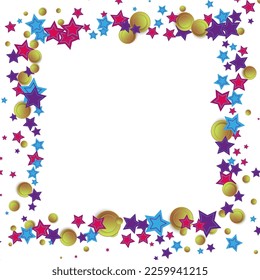 Fondo vectorial blanco, marco, con estrellas y círculos en colores azul y lila, rosa y amarillo