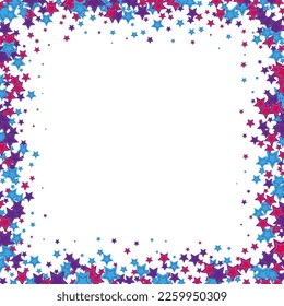 White vector background, frame, with stars in blue and lilac, pink colors. Vector Confetti Background Pattern