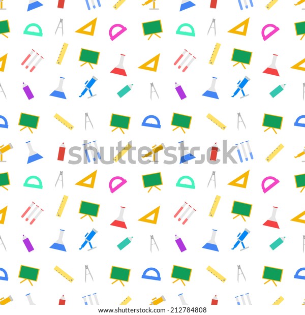 White vector\
background for school. Seamless vector pattern with colored school\
supplies on white\
background.