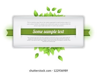 White vector banner with fresh green leaves and green glossy satin ribbon