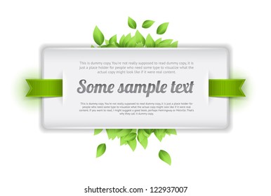 White vector banner with fresh green leaves and green glossy satin ribbon