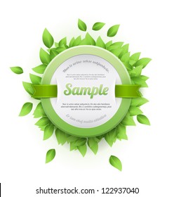 White vector banner with fresh green leaves and green glossy satin ribbon