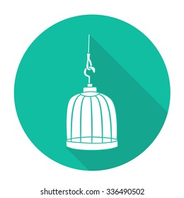 White vector  bird cage on color circle background.