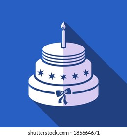 White vector birthday cake with blue flat design