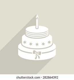 White vector birthday cake icon long shadow design