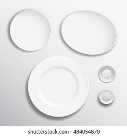 White vector blank plate mock up isolated. Empty dish, glass mock up design. Clear tableware ready for pattern, art or ornament presentation. Decorative rarity dishes template. Plate frame layout.