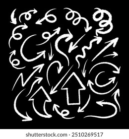 White Vector Bold Sketch Arrow Symbols Set - Chalk Icons Collection