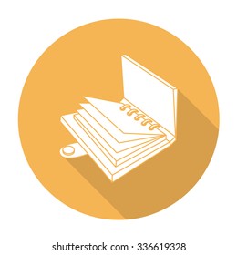 White vector book on color circle background.