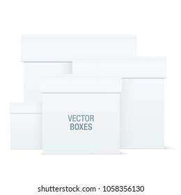 White vector boxes of different sizes isolated on background. Box templates.