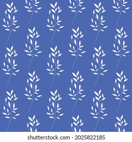 White vector branches seamless pattern. Abstract elegant plant silhouette on a blue background for design, texture, print, wrapping, textile, wallpaper, package