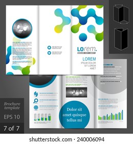 White vector brochure template design with blue and green geometric pattern