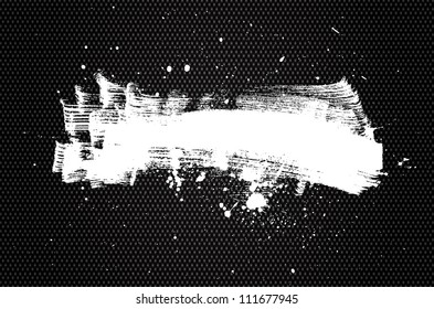 White vector brush stroke with paint drops splatter on black textile background