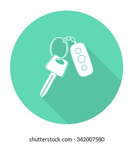 White vector car key on color circle background.