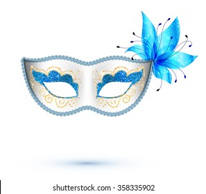 White vector carnival mask with blue flower and golden glitter