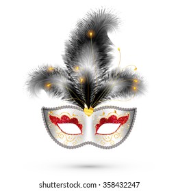 White vector carnival mask with red glitter eyes and black feathers