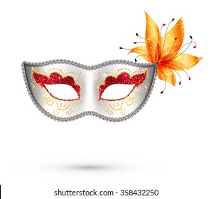 White vector carnival mask with red and gold glitter decoration and orange flower