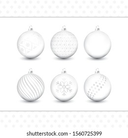 White vector Christmas tree ornaments with decorations in silver. With snow flake patterns.