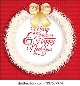 White Vector Christmas Wreath with red and gold bow. Red seamless knitted texture as background.