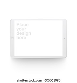 White vector clay render digital tablet mock up isolated on white background. Origami paper material template with realistic drop shadow.