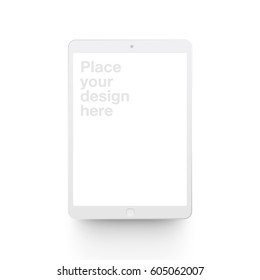 White vector clay render digital tablet mock up isolated on white background. Origami paper material template with realistic drop shadow.