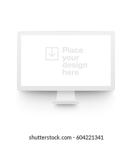 White Vector Clay Render Monitor Mock Up Isolated On White Background. Origami Paper Material Template With Realistic Drop Shadow.