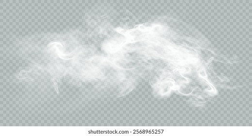 White vector cloud background, fog or smog explosion effect. Fog, smoke, steam, haze, explosion isolated transparent special effect. Vector PNG	