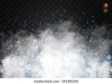 White vector cloudiness, mist or smog background. Fog or smoke with glow light isolated transparent background. Magic template. Vector illustration