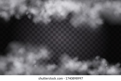 White vector clouds, fog, or smoke on semitransparent background. Cloudy sky or smog isolated design element. Vector illustration.