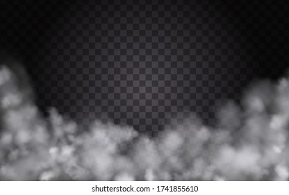 White vector clouds, fog, or smoke on semitransparent background. Cloudy sky or smog isolated design element. Vector illustration.