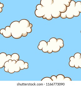 White vector clouds seamless pattern on blue background