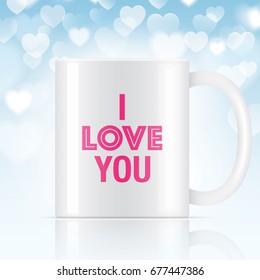 White vector coffee mug with I LOVE YOU sign. Vector mug mockup on a bokeh background.