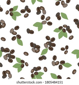 White vector coffee themed seamless repeat pattern background. Modern realistic style featuring coffee beans and leaves. Use for decor, packaging, hospitality items and stationery.