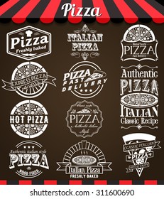 White vector Collection of Pizza Labels and Badges in Vintage Style on blackboard. See more in set "Labels" of my portfolio