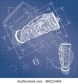 White Vector Combat Air Force Fighter Aircraft Engine Drawing , On Blueprint Background. Plan Consists Of Engine Elements And Parts.