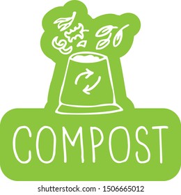 White vector Compost drawinng and lettering on green sticker. Minimalistic hand drawn sign.