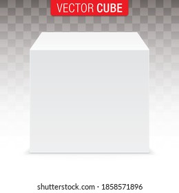 White vector cube isolated on the transparent background. Hyper realistic editable 3D cube, in front isometric view. Square box for object placement, product presentation, gift, or deals showcasing.