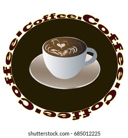 White vector cup of coffee in flat style. Cup of coffee with foam isolated on brown background with words.