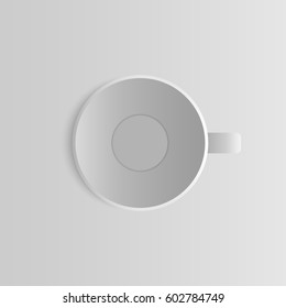 White vector cup of tea or coffee on saucer mock up isolated on grey background. Filled with drink dish design. cup of tea or coffee on saucer frame layout for decorate. Top view