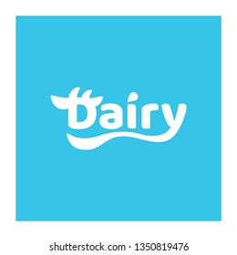 White vector dairy logo on blue background. Vector icon for milk product.  Symbolic cow sign from the word DAIRY with horns, ears and tail