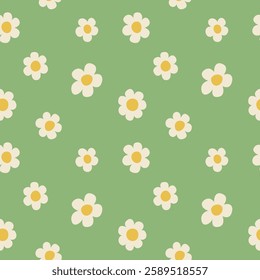 White vector daisies scattered on green backdrop