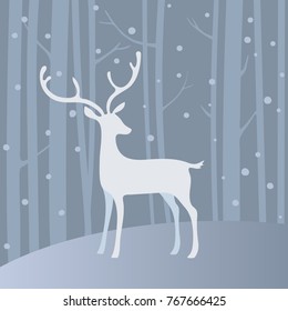 White vector deer in winter forest. Eps-8