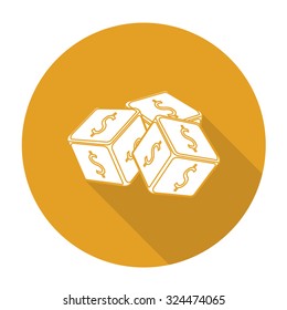 White vector dice on color circle background.