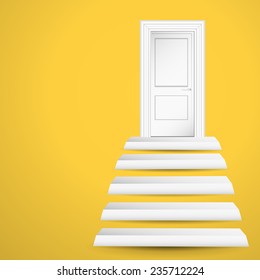 White vector door and stairs on yellow background
