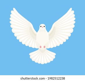 White vector dove with spread wings isolated on blue background. Simple flat cartoon bird illustration.